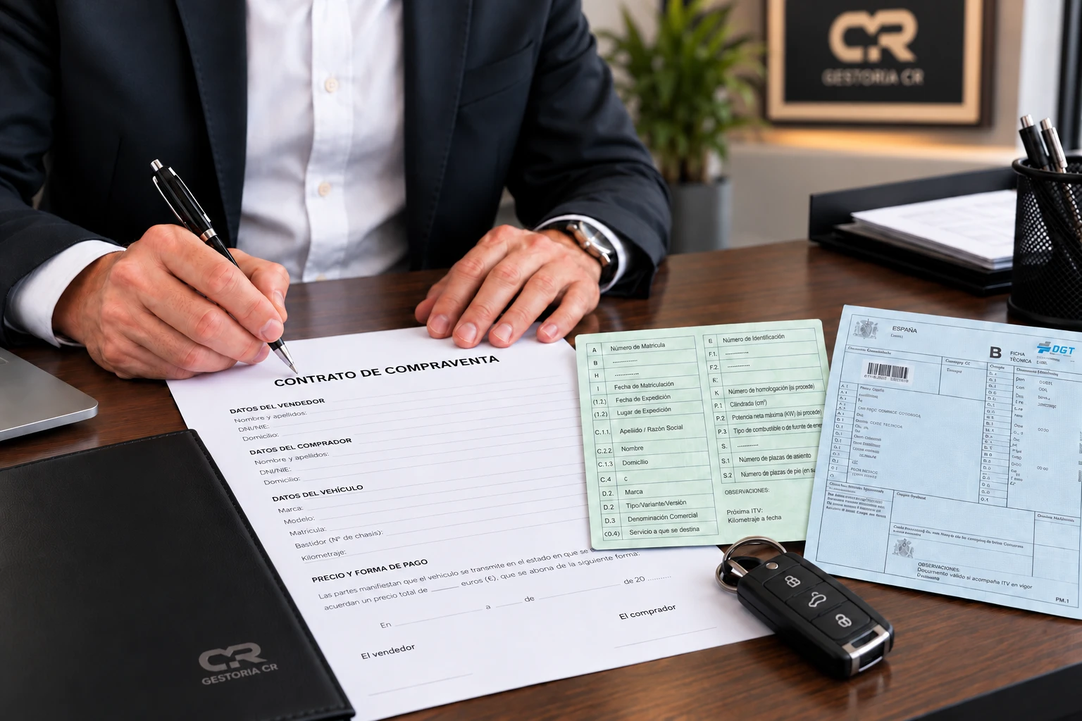 Firma de contrato y documentación para el cambio de nombre de un vehículo